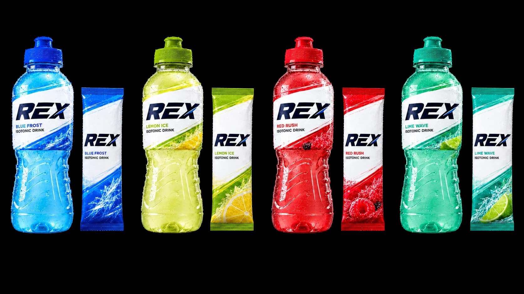 Lineup de sabores REX: Blue Frost, Lemon Ice, Red Rush y Lime Wave