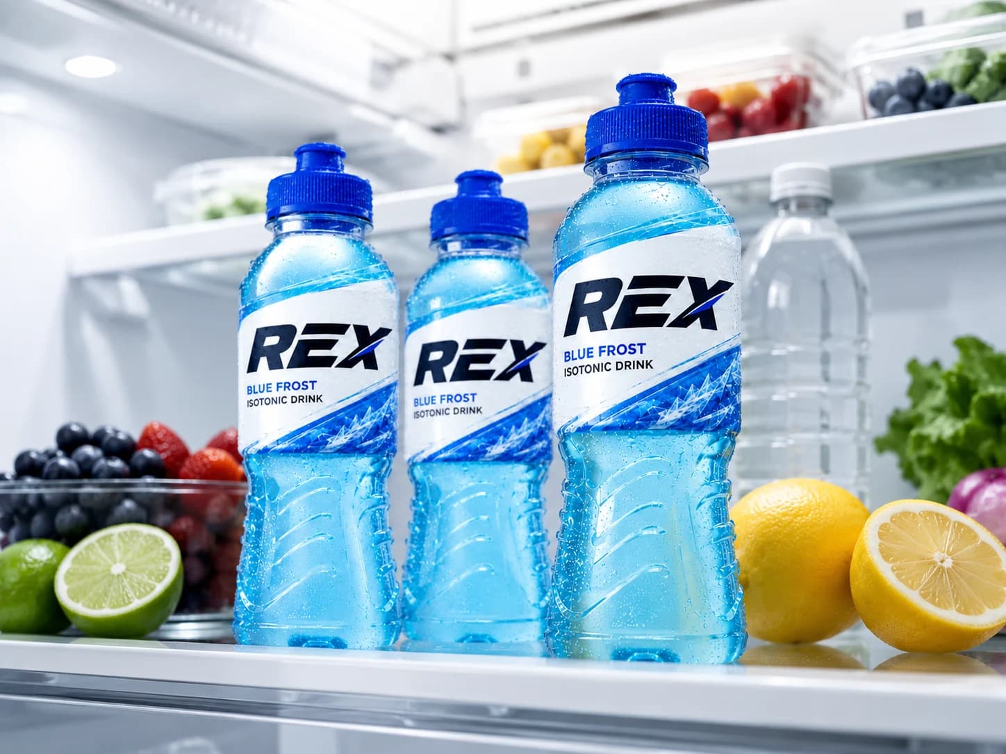 Botellas REX Blue Frost en una nevera